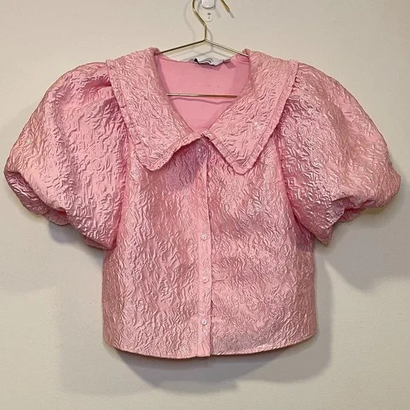 & Other Stories Textured Ruffle Collar Puff Sleeve Top - Picture 3 of 8